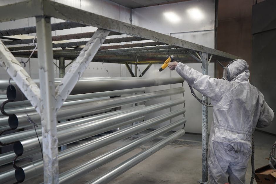 Worker in silver protective suit spray-painting metal pipes in an industrial workshop.