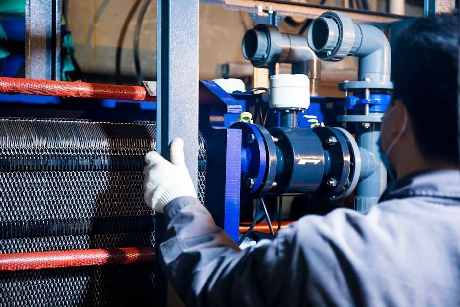 Worker inspecting industrial machinery with pipes and hoses in a factory setting