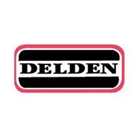 DEL DEN logo in black and white with a pink border