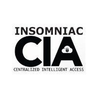 Black logo reading “INSOMNIAC CIA” with subtitle “Centralized Intelligent Access” and a padlock in the A.