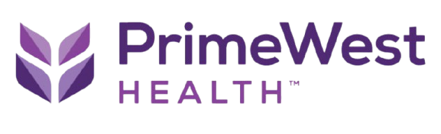 Logo for PrimeWest Health with a purple emblem and text.