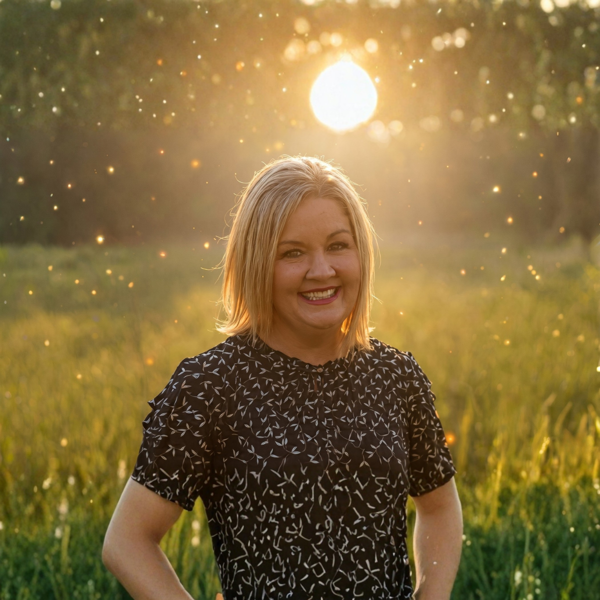 Smiling person standing in a sunlit field at golden hour, with warm backlight and tall grass.