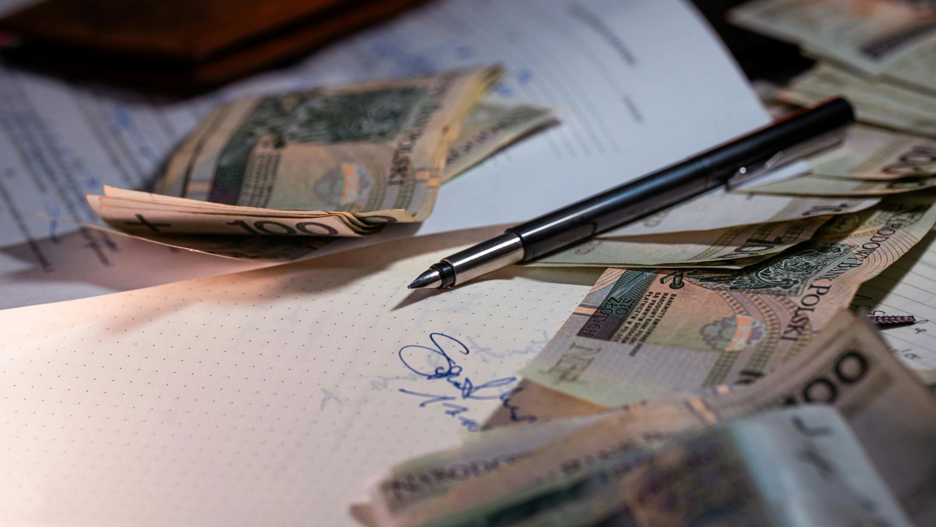 Scattered banknotes and pens on a desk beside an open notebook
