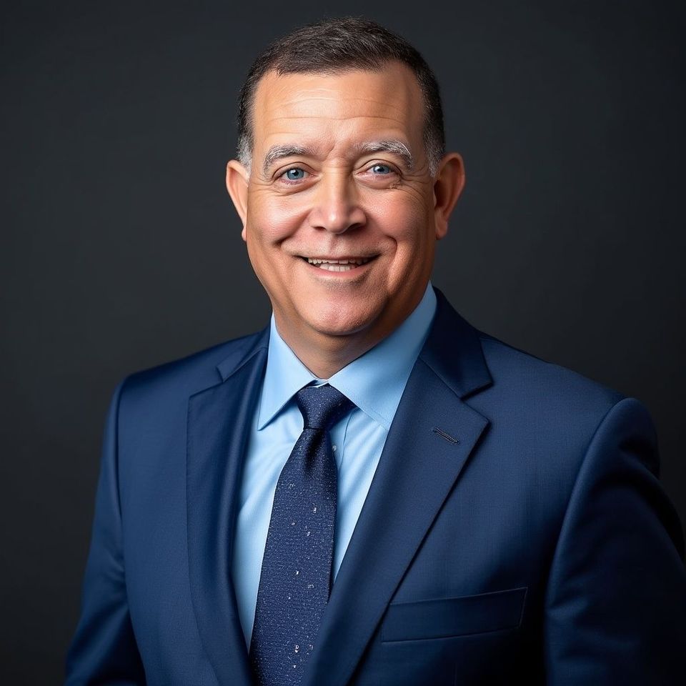 Studio portrait of a smiling man in a blue suit and tie against a dark background