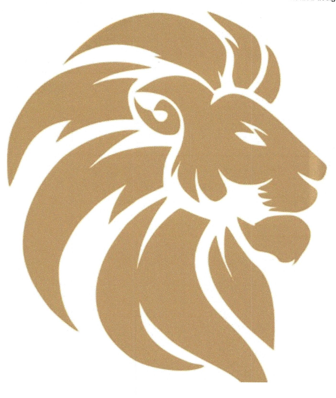 Gold lion head logo with a flowing mane on a white background