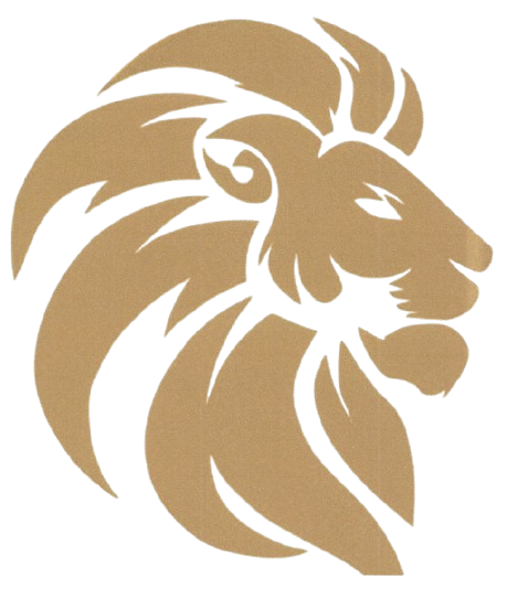 Stylized gold lion head logo in profile on a white background