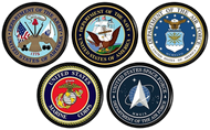 Five U.S. military service seals in a 2-row layout on a white background