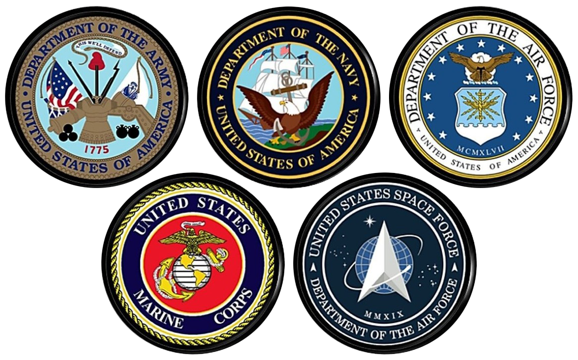 Five U.S. military service seals in a 2-row layout on a white background