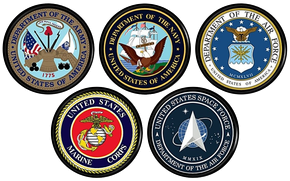 Five U.S. military service seals in a 2-row layout on a white background