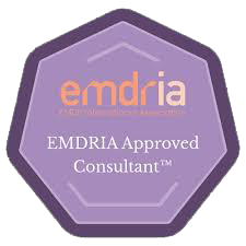 EMDRIA Approved Consultant badge in purple and orange.