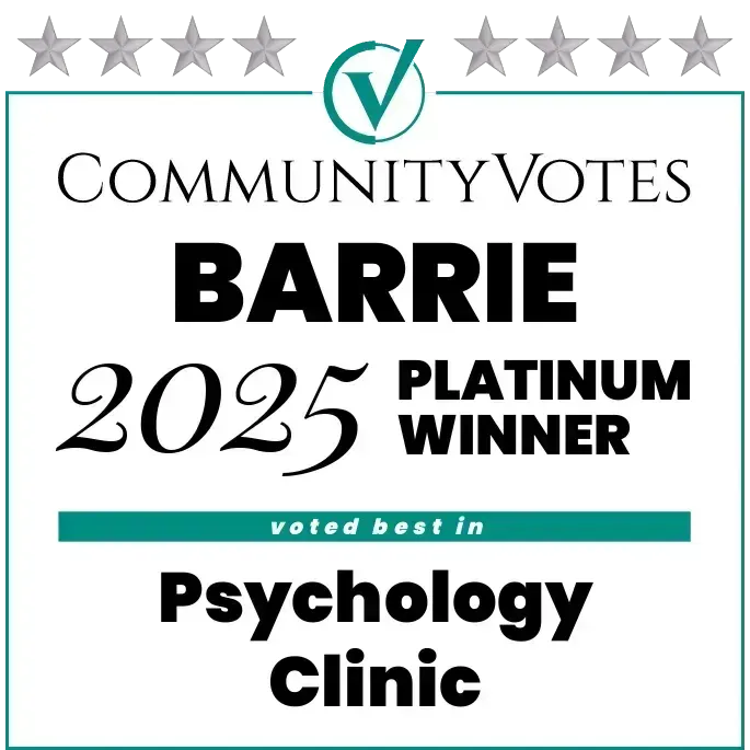 CommunityVotes Barrie 2025 Platinum Winner for Psychology Clinic badge