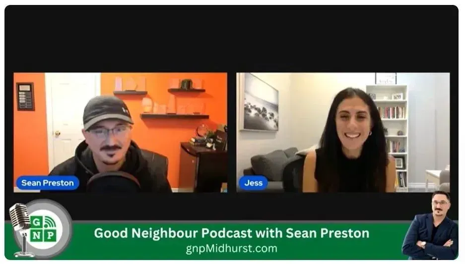 Video call screenshot of Sean Preston and Jess on a green-and-black “Good Neighbour Podcast” livestream banner