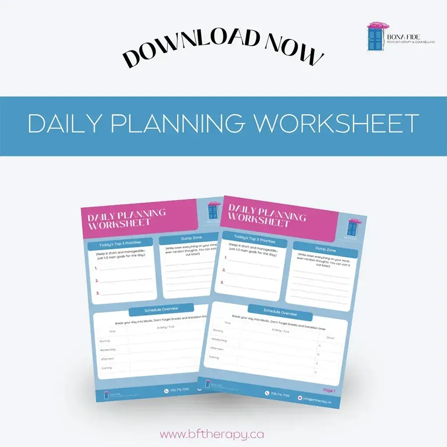 Download now: blue daily planning worksheet with two planner pages and pink header accents.