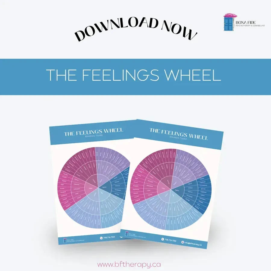 Download now banner for “The Feelings Wheel” with two blue-and-pink circular wheel charts.