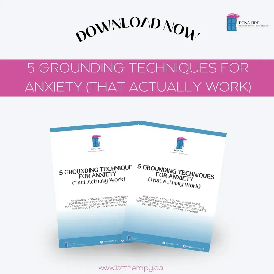 Promotional graphic for a free download: “5 Grounding Techniques for Anxiety (That Actually Work)” with booklet covers on pink and blue.