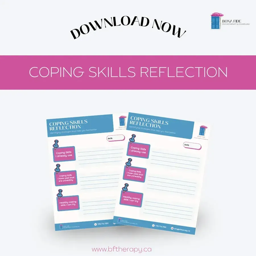 Promotional graphic for a coping skills reflection worksheet, with pink banner and two blue workbook pages on a white background