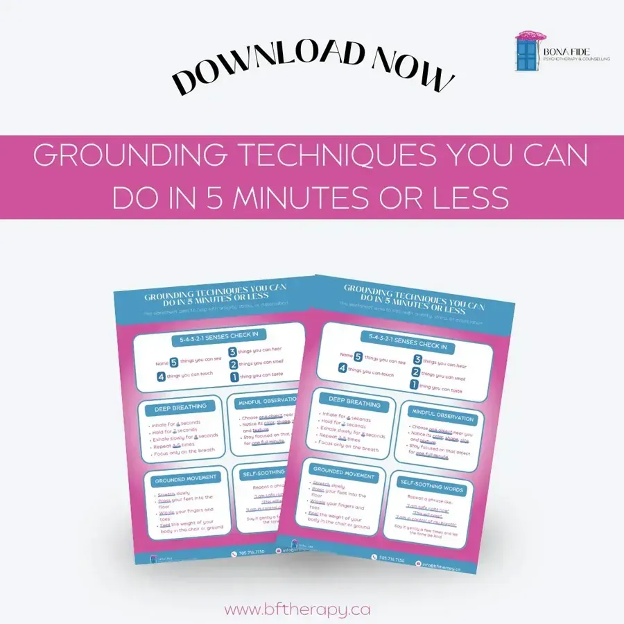 Promotional graphic for grounding techniques to use in 5 minutes or less, with colorful worksheet previews and “Download now” text