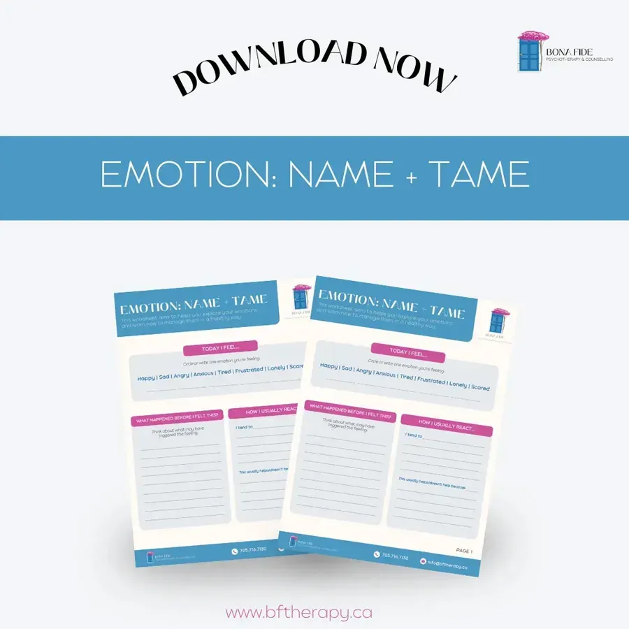 Download now banner for “Emotion: Name + Tame” worksheet in blue and white.