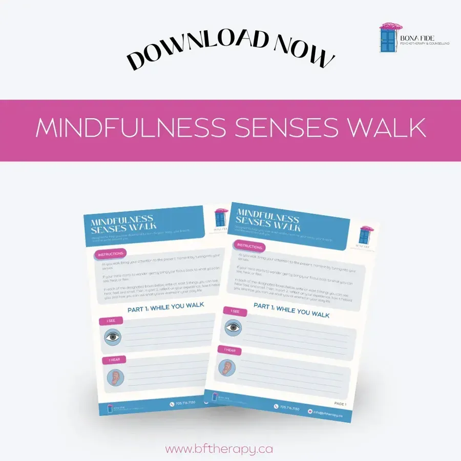 Mindfulness Senses Walk download graphic with pink banner and printable worksheet pages