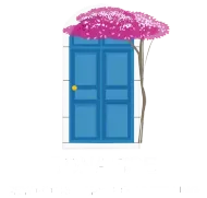 Logo for Bona Fide Psychotherapy & Counselling with a blue door and pink flowering tree