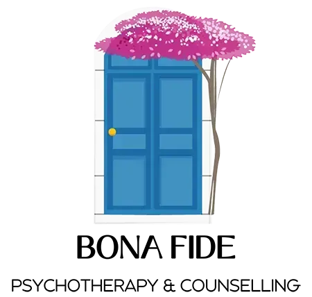Logo for Bona Fide Psychotherapy & Counselling with a blue door and pink flowering tree