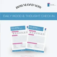 Promotional graphic for a “Daily Mood & Thought Check-In” printable download with two blue-and-white worksheet pages.