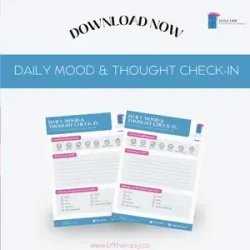 Promotional graphic for a “Daily Mood & Thought Check-In” printable download with two blue-and-white worksheet pages.