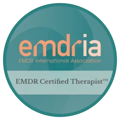 EMDR Certified Therapist badge; turquoise circle with 