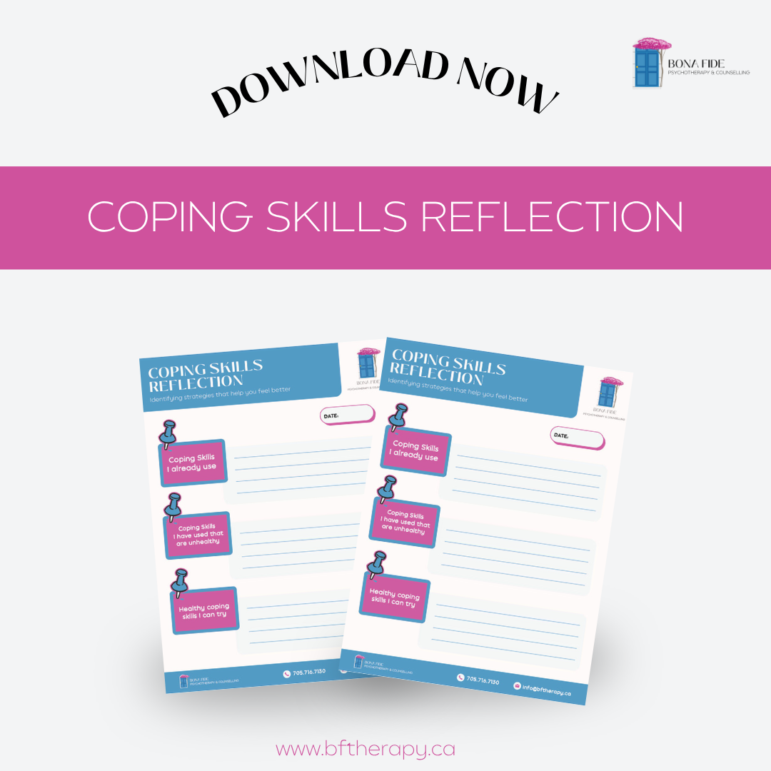 Two coping skills reflection worksheets, pink/blue design,
