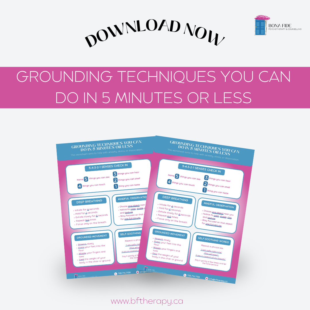 Pink and blue downloadable guide with 5-minute grounding techniques. Text:
