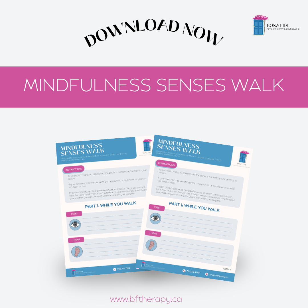 Two printable mindfulness senses walk guides on a pink background.