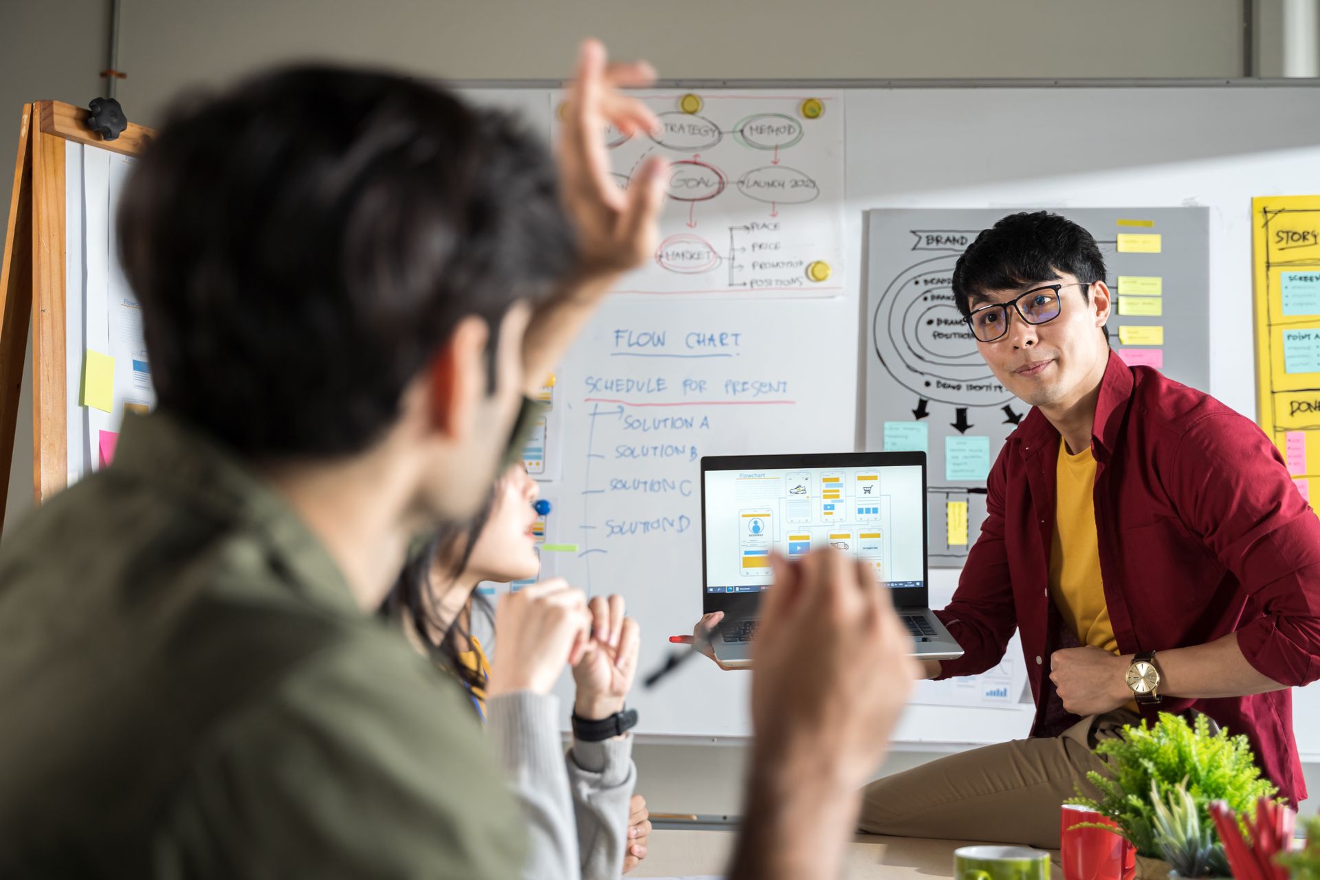 Group brainstorming around laptop; man pointing, others listening. Whiteboard with diagrams, yellow and red shirts.