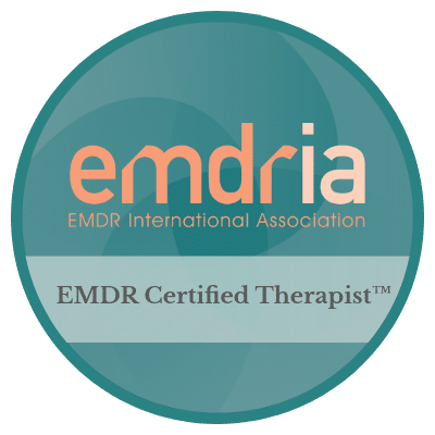 EMDR Certified Therapist badge; turquoise circle with