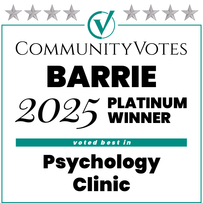 CommunityVotes Barrie Platinum Winner 2025 badge: Best Psychology Clinic, teal accents, white background.