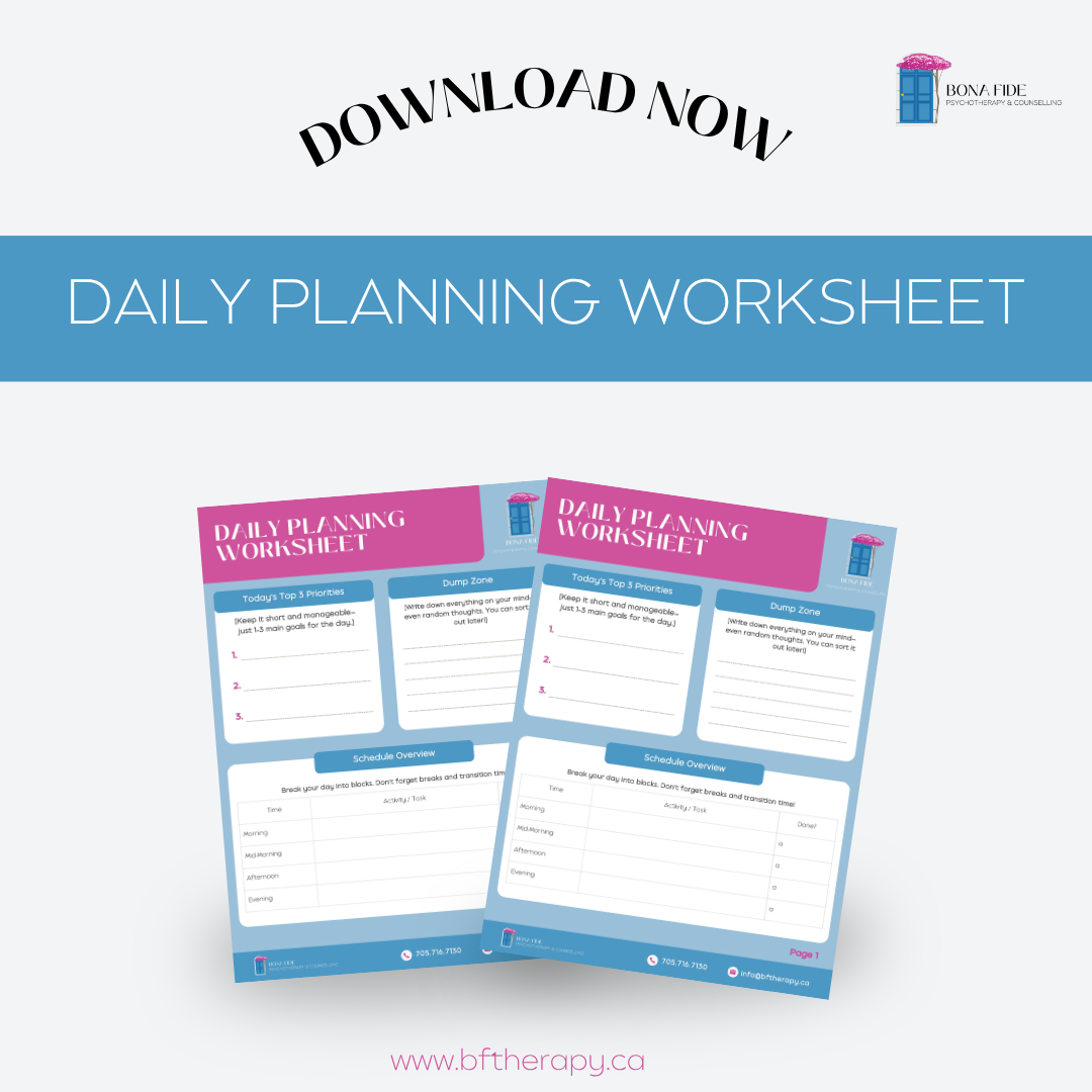 Two pink and blue daily planning worksheets with download link.