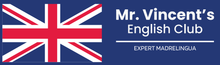 Bandiera Union Jack accanto alla scritta "Mr. Vincent's English Club" su sfondo blu.