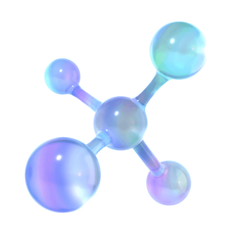3D rendering of a molecule with four atoms attached to a central atom, iridescent blue and purple.