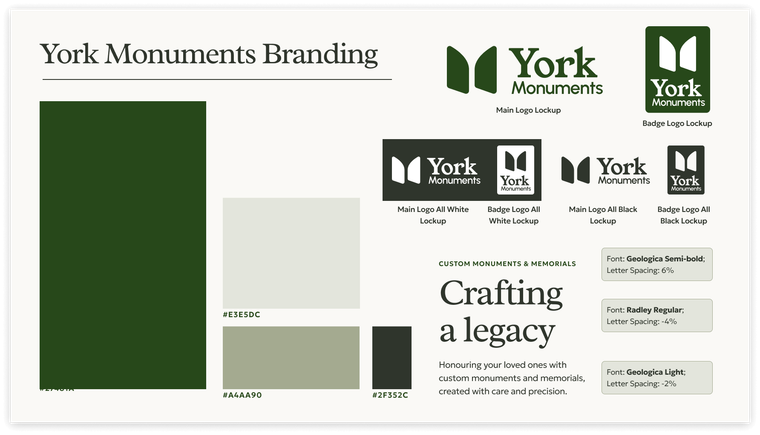 York Monuments branding guide with logos, color palette, and tagline