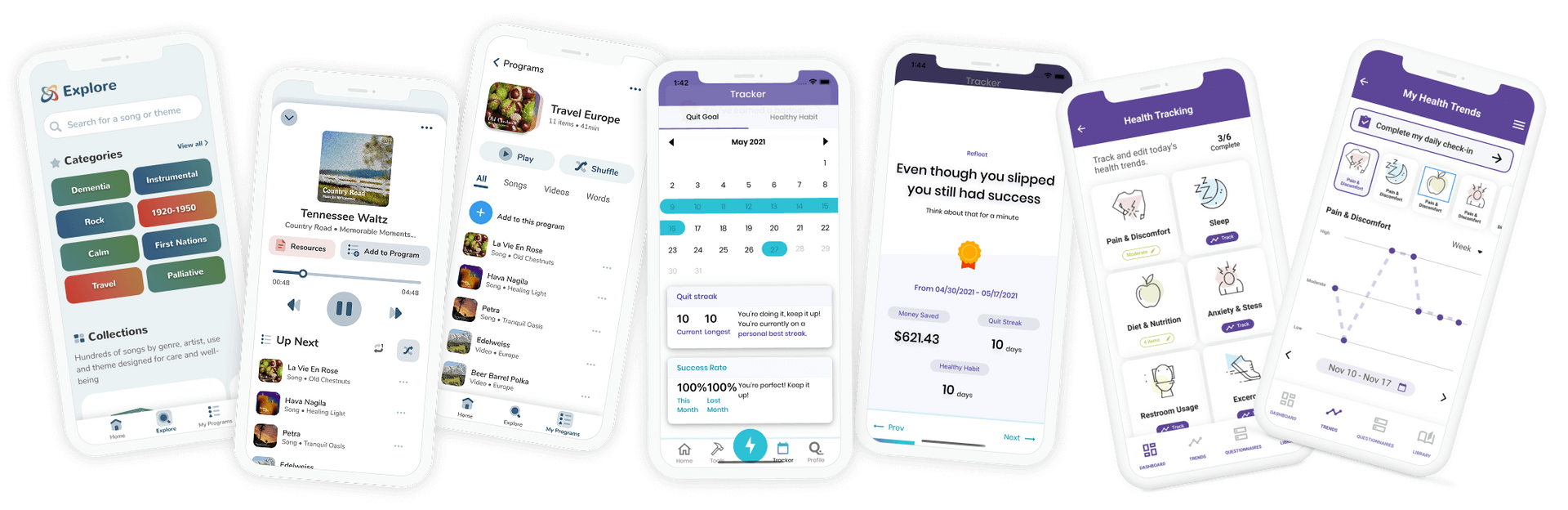 Seven mobile phones displaying various app interfaces.