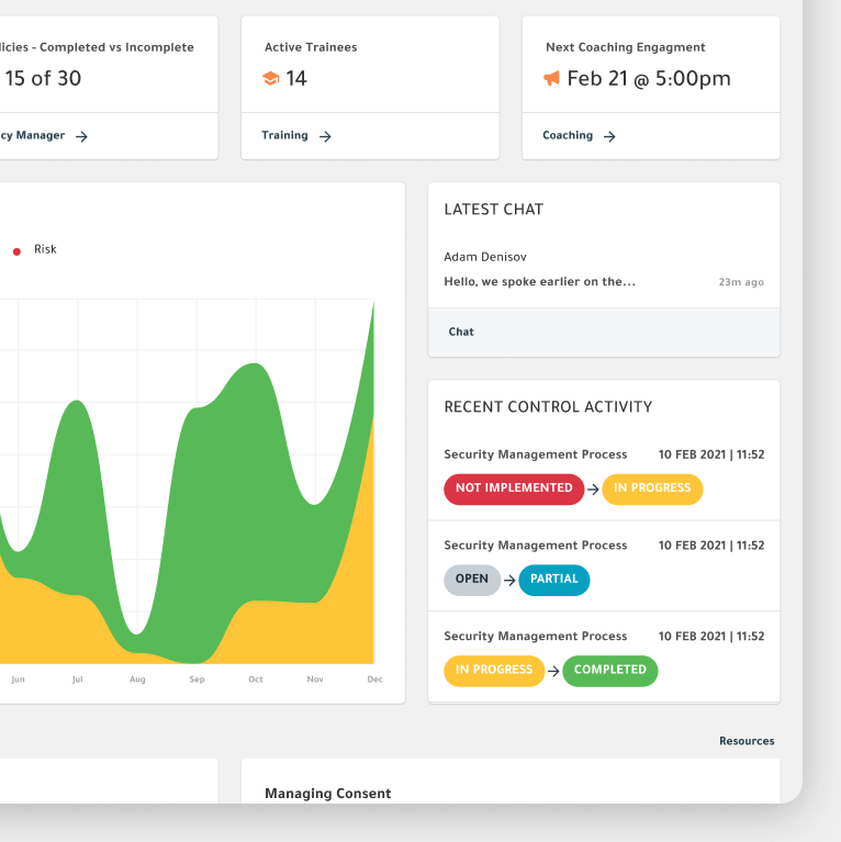 Dashboard showing data trends with a green and yellow line graph and status updates.