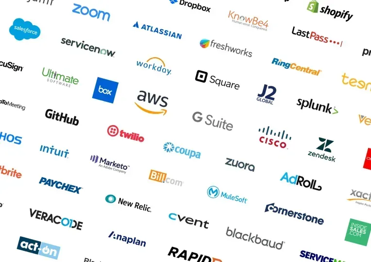 Logos of various software and technology companies, including Zoom, AWS, and Shopify.