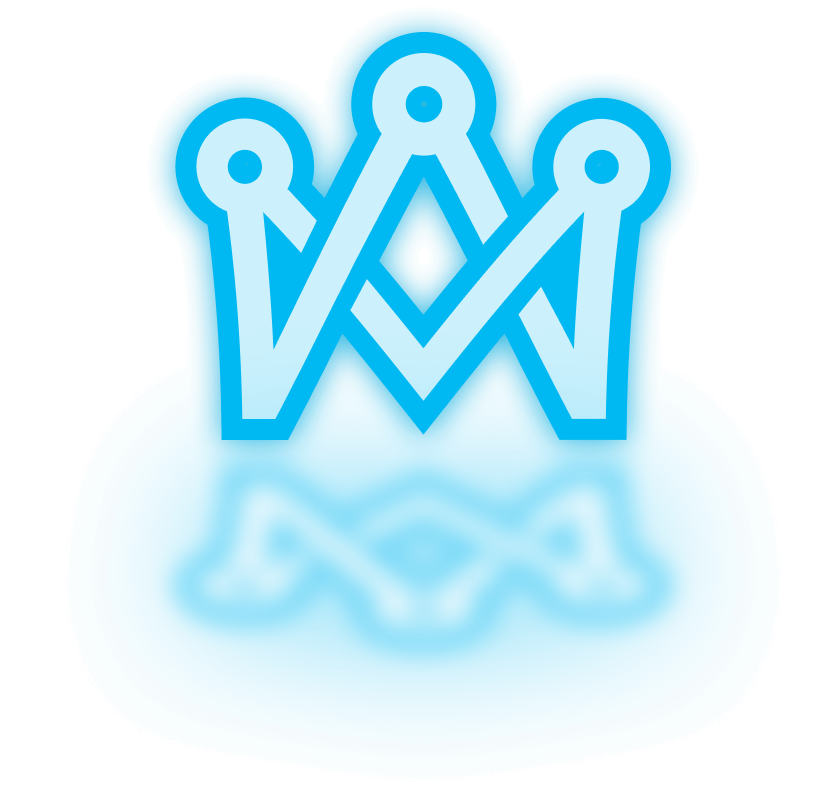 Blue glowing crown logo with a mirrored reflection below.