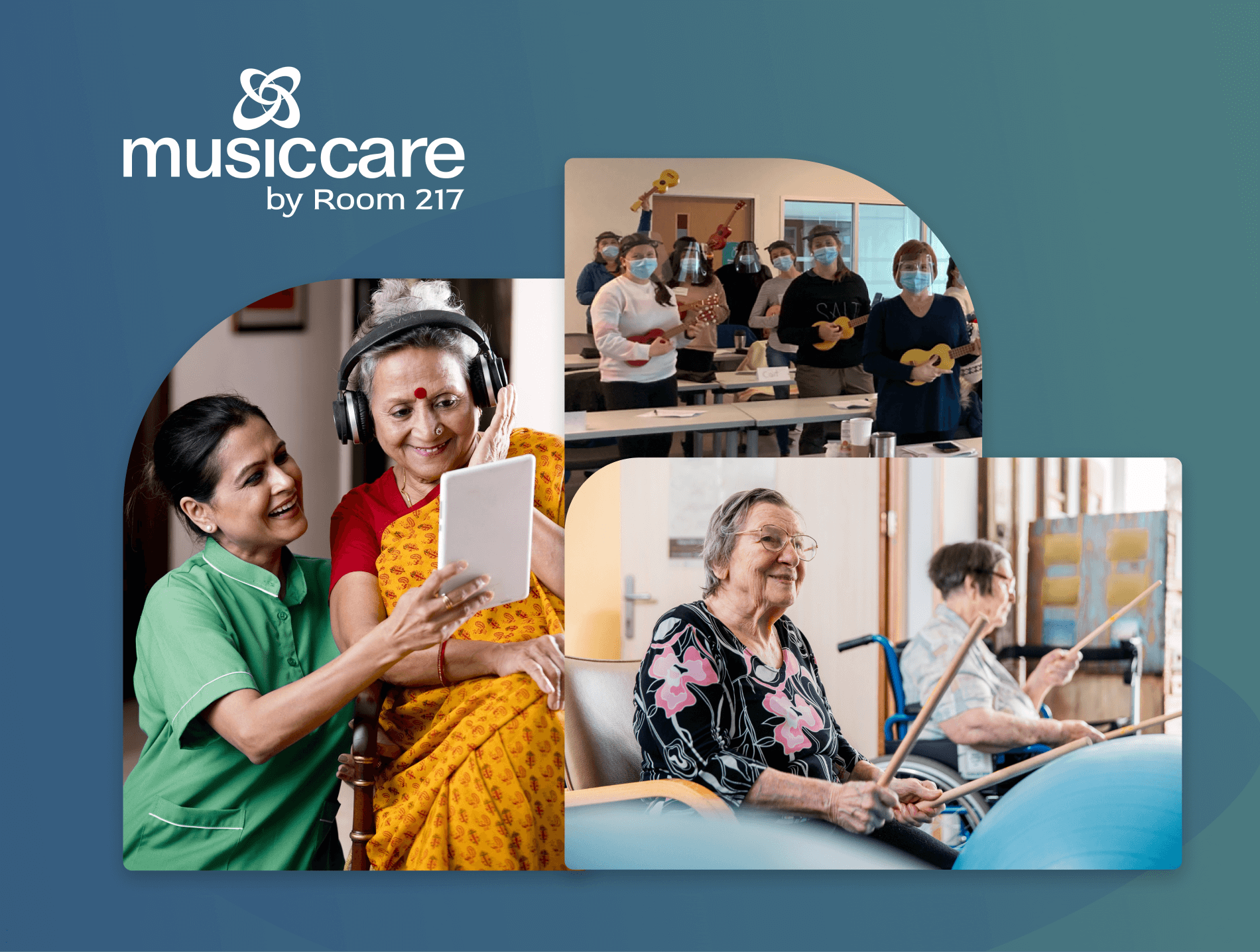 Music therapy scenes: seniors listening to music, playing instruments, and singing in group settings.
