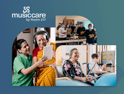 Music therapy scenes: seniors listening to music, playing instruments, and singing in group settings.