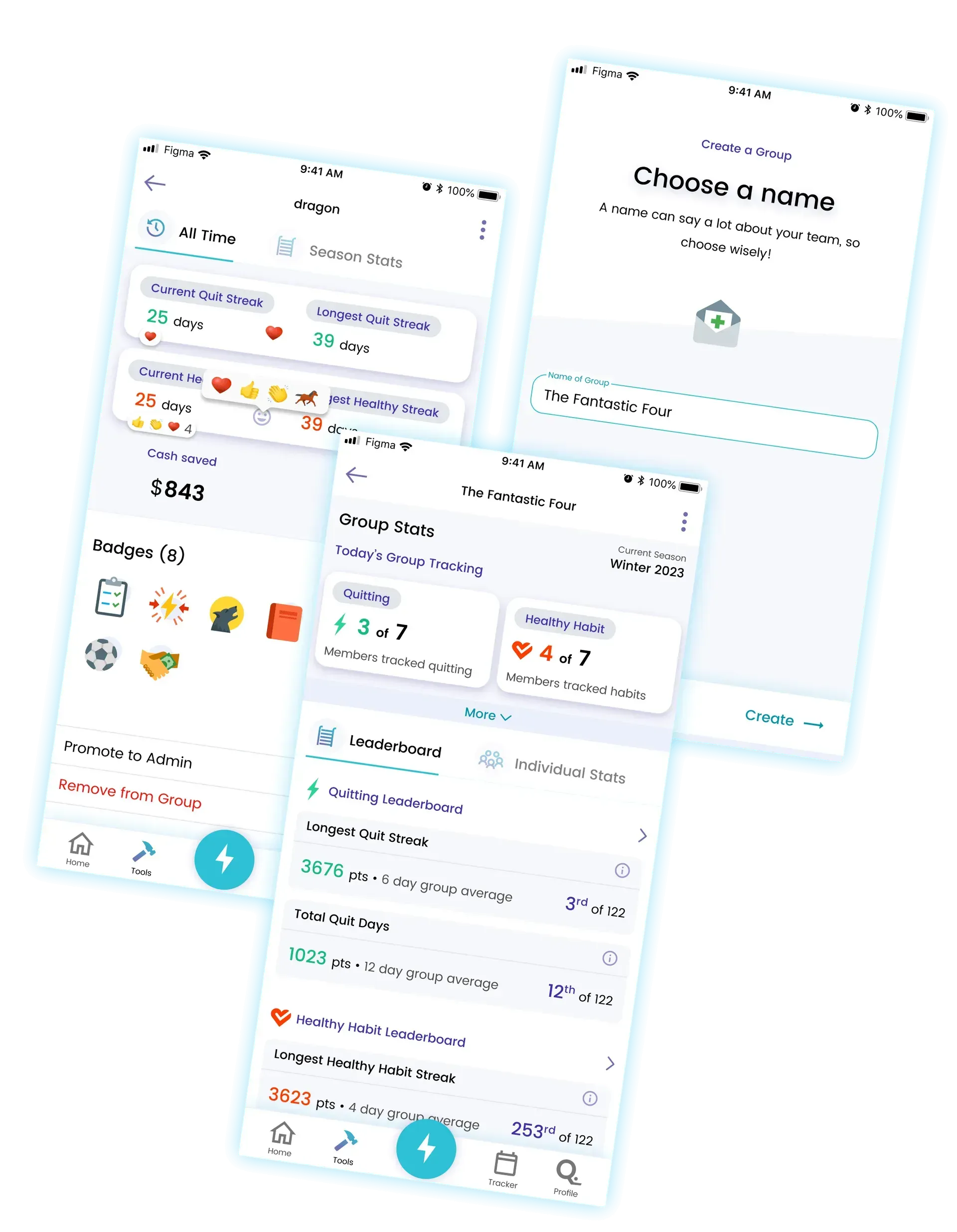 Screenshots of a mobile app interface, including task lists, progress trackers, and a home screen with an achievement banner.