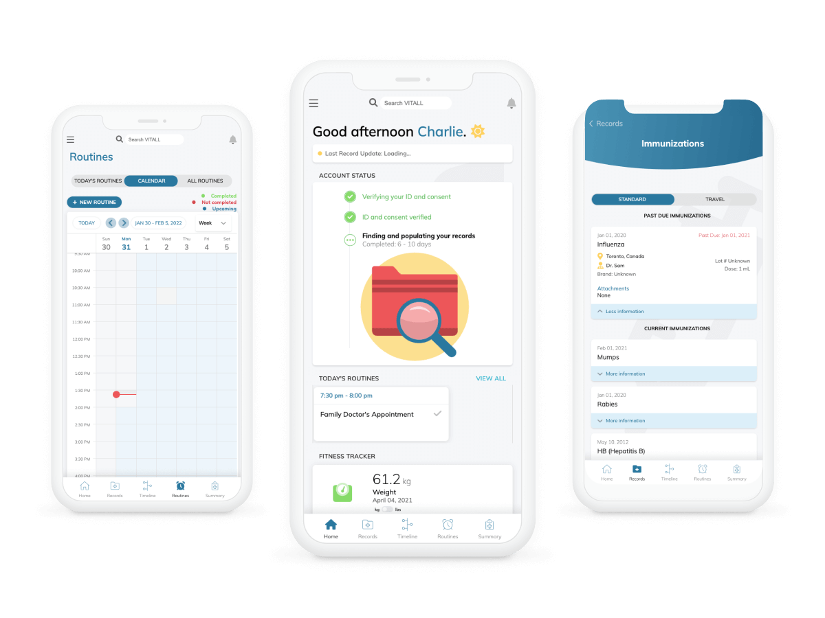 Three mobile phone screens displaying app interfaces. The first shows a calendar, the second a dashboard, and the third a details view.