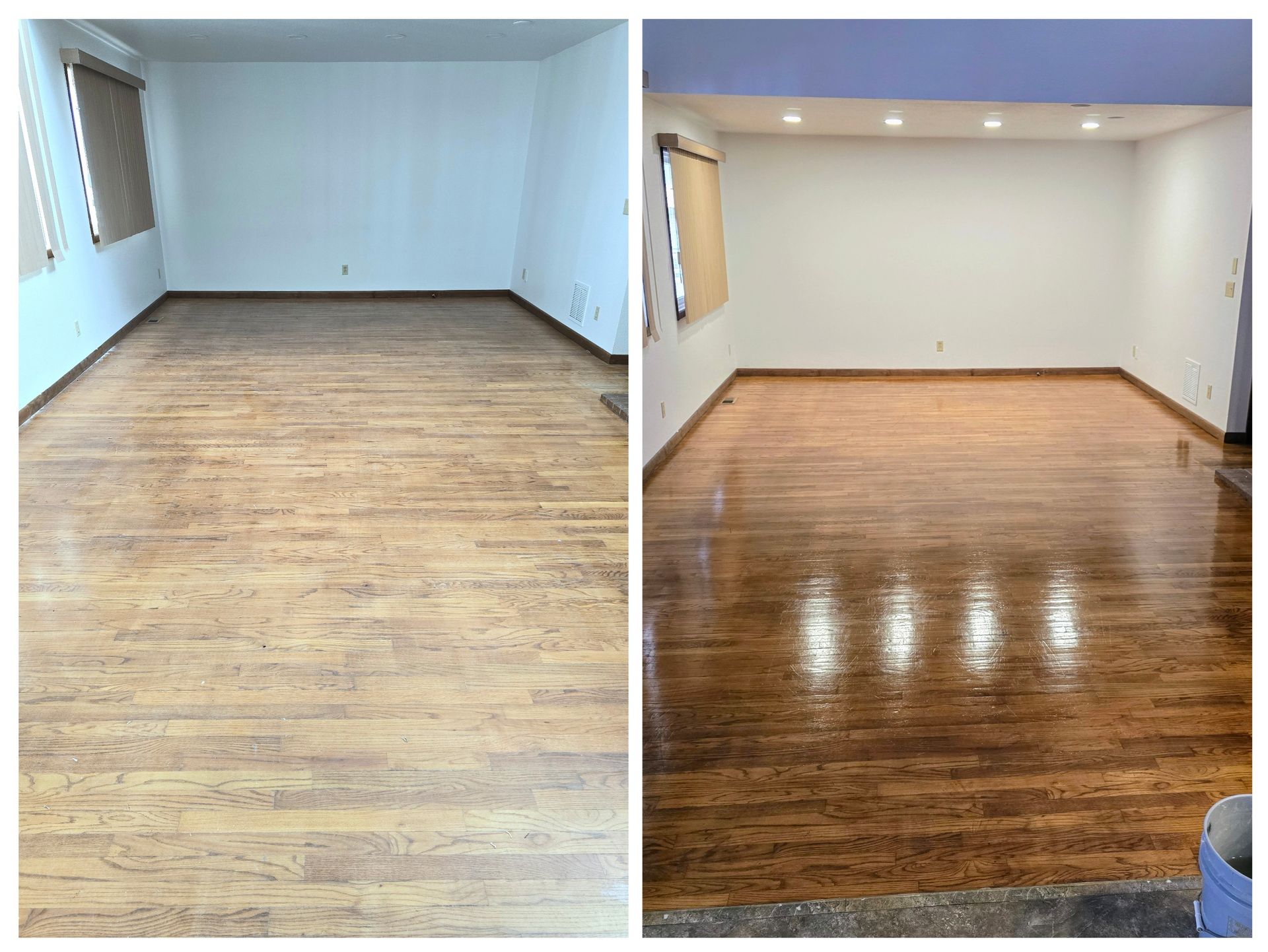 A man is standing on a large carpeted floor in a living room.