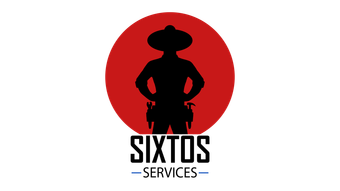 Silhouette of person in cowboy hat and tool belt in front of a red circle; "Sixtos Services" text below.