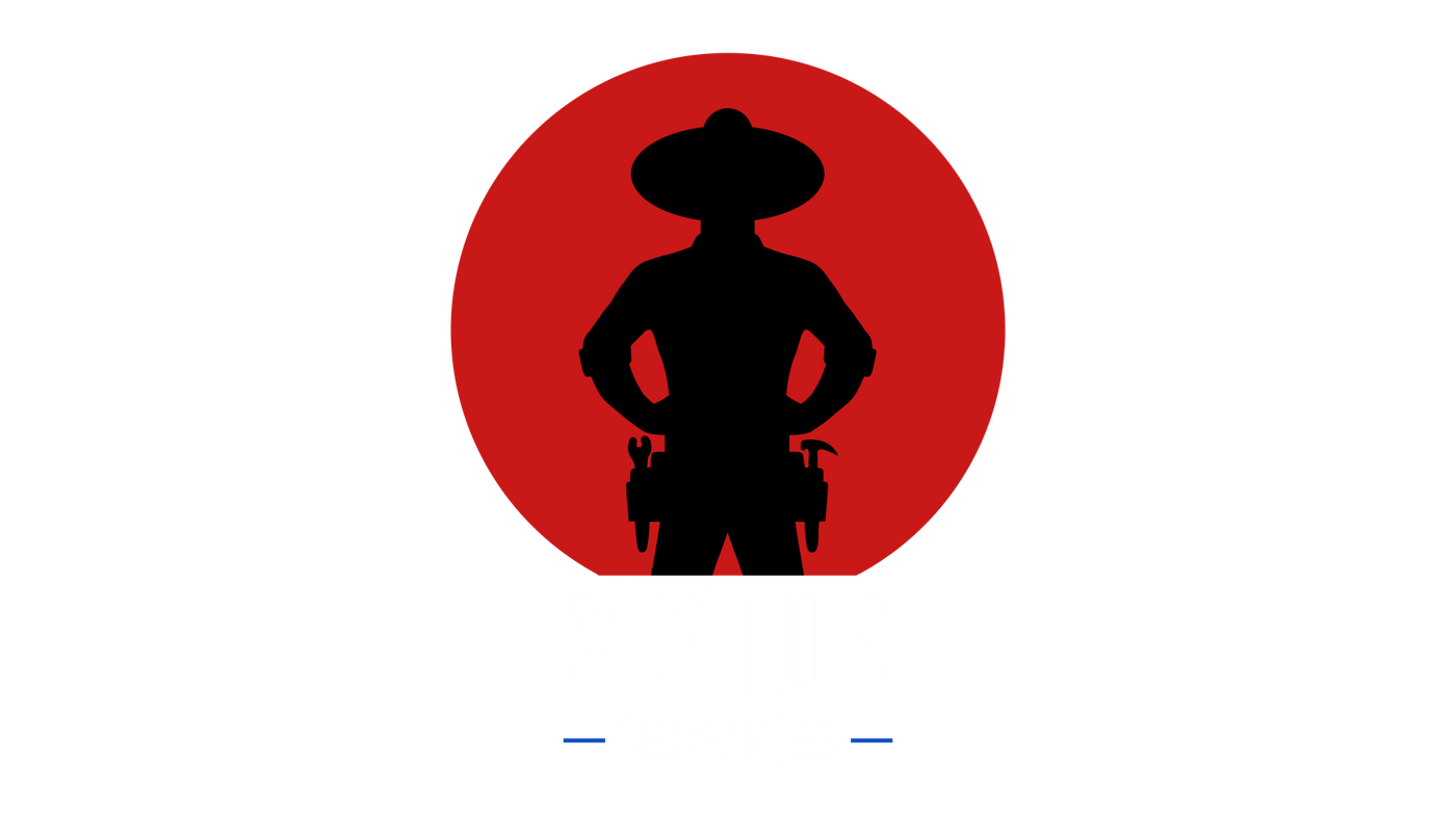Silhouette of a cowboy in a red circle; hands on hips, tool belt, and hat.