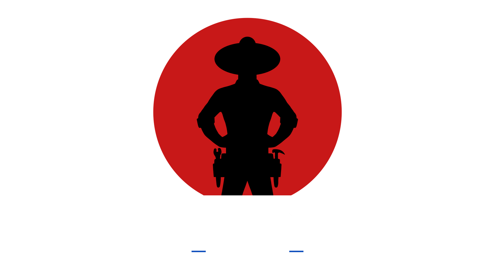 Silhouette of a cowboy in a red circle; hands on hips, tool belt, and hat.